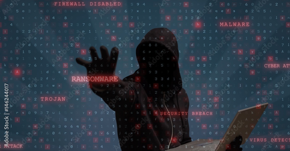 Poster hacker holding laptop while touching text on screen
