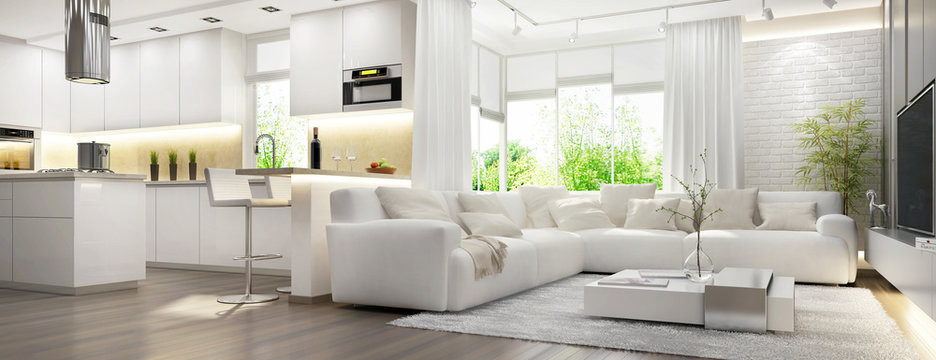 White interior living room and kitchen