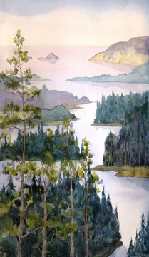 Watercolor landscape. River of spruce forest