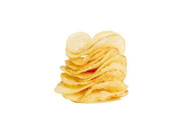 stack of crispy potato chips isolated on white background  close-up
