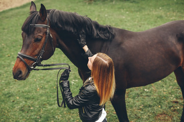Obraz premium Beautiful girl communicates with the horse in the park. Preparing for the riding