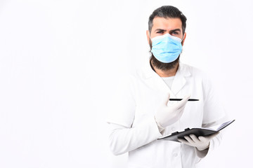 Bearded brutal caucasian doctor or postgraduate student