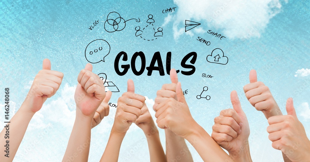 Poster hands gesturing thumbs up with goals text surrounded by icons