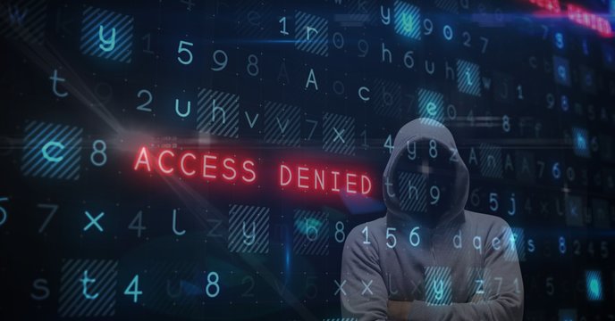 Digital composite image of hacker with access denied text