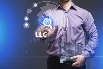 Business, Technology, Internet and network concept. Young businessman working on a virtual screen of the future and sees the inscription: LLC