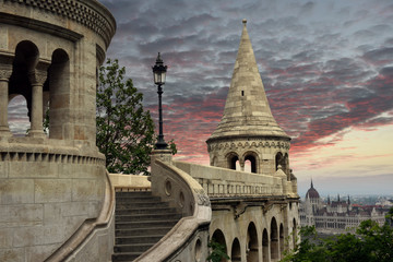 Fishermen's Bastion and House of Parliament in Budapest, Hungary