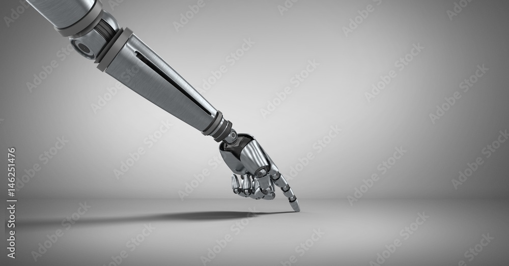 Poster android robot hand pointing with grey background