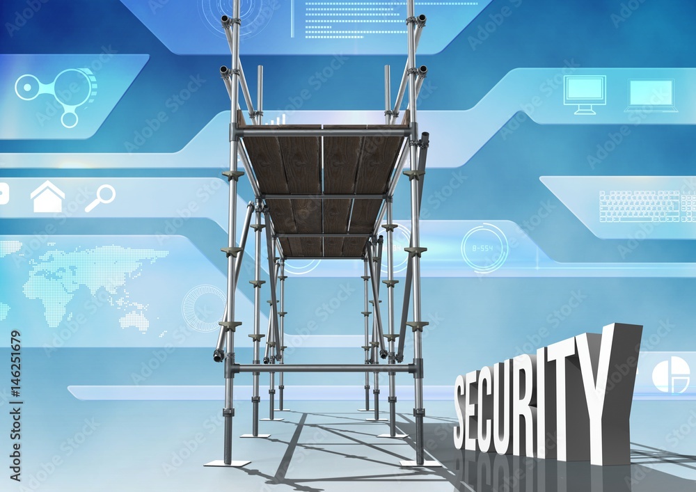 Poster Security Text with 3D Scaffolding and technology interface