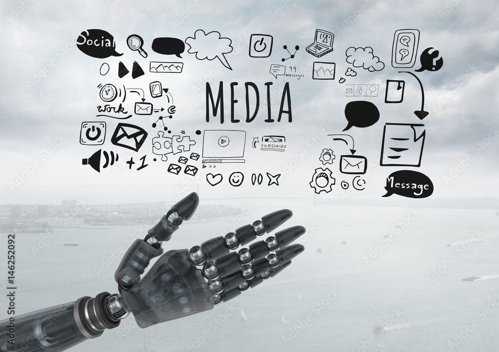 Poster android hand open and media text with drawings graphics