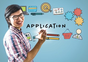 Man with marker against application doodles and blue background