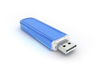 USB flash drive in blue with backlight isolated on white background with reflection 3d