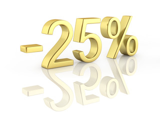 Gold text 25 percent off on white background with reflection 3D render