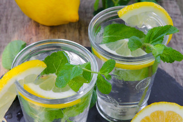 Two glasses of water, lemon and mint.