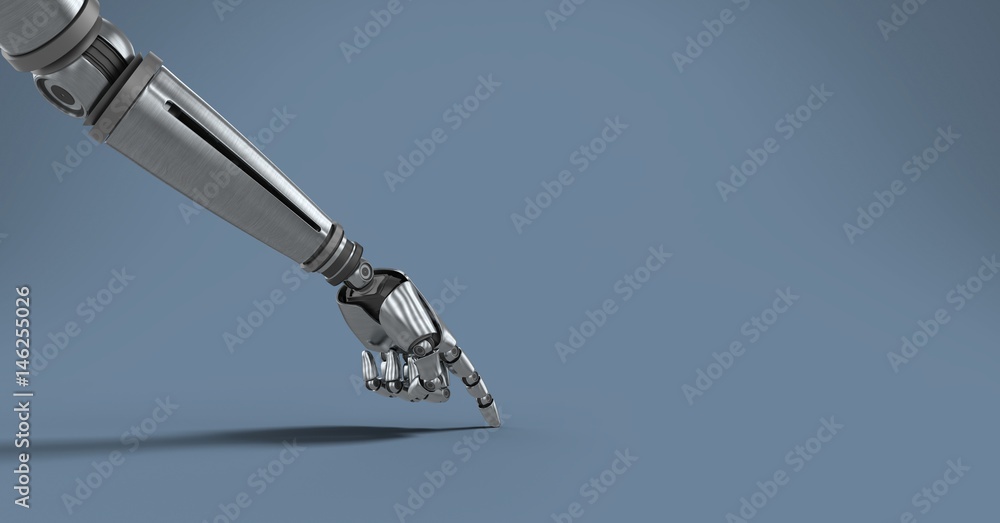 Poster android robot hand pointing with blue background