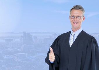 Judge in front of blue city background