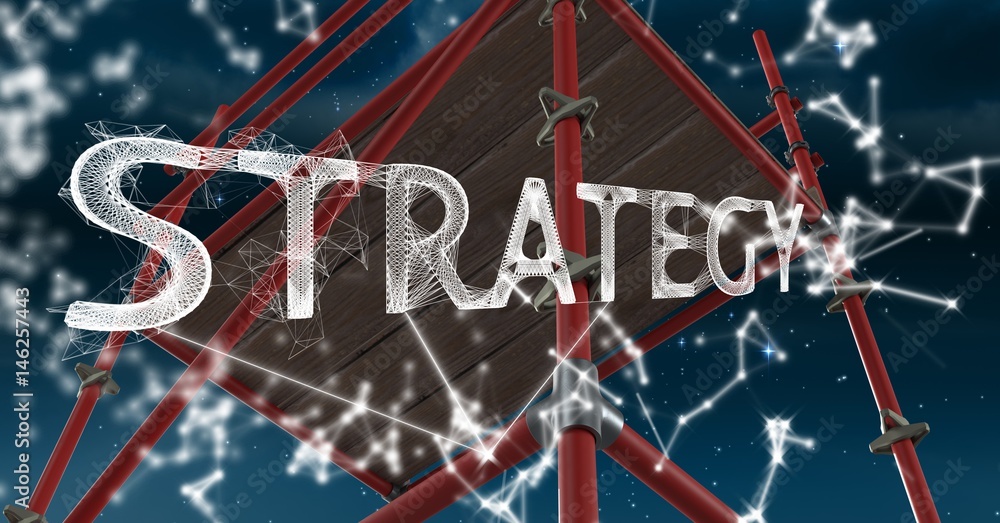 Poster strategy text with 3d scaffolding and sky