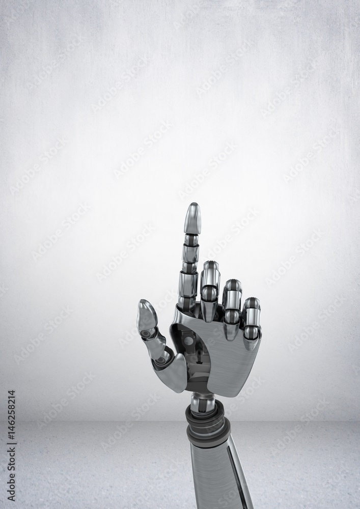 Poster android robot hand pointing with grey background