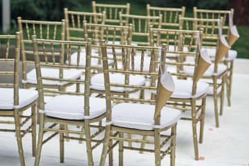 Golden chairs stand in the rows before wedding altar