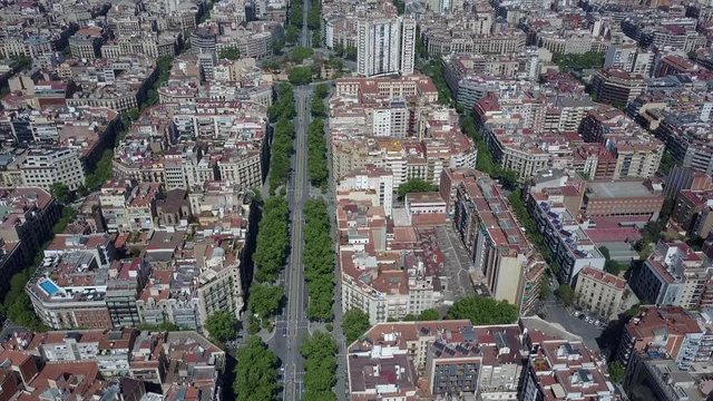 Barcelona blocks pattern and major street aerial view, Spain. 4K shot