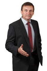 Confident mature businessman giving a hand for greetings on white isolated background