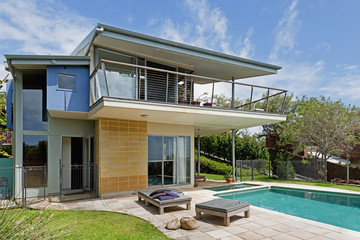 Exterior view of modern house and swimming pool
