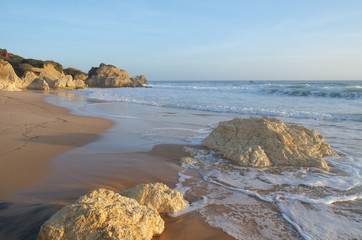 Scene captured in Chiringuitos (Gale) beach during afternoon. Algarve, Portugal