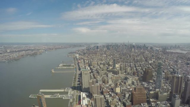 New York panoramic view from One World Trade Center Observatory.
Day view inside window of Freedom Tower, 1 WTC in Lower Manhattan, New York City at 285 Fulton Street.
