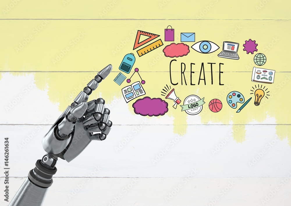 Poster android hand pointing and create text with drawings graphics