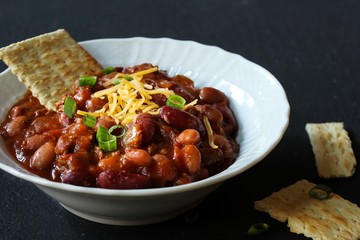 Close up of homemade slow cooked  Bean Chili Bowl, selective focus