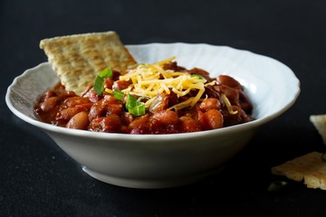 Close up of homemade slow cooked  Bean Chili Bowl, selective focus
