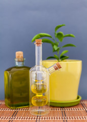 Two glass bottles olive oil stands near a flower against a dark background