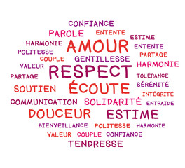 Nuage de mots colorés. Amour, respect, harmonie.