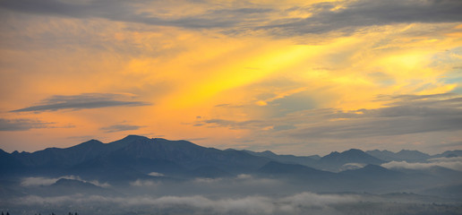 Fototapeta na wymiar Beautiful Summer Sunrise in Mountains - HighTatra National Park. Panoramic Image