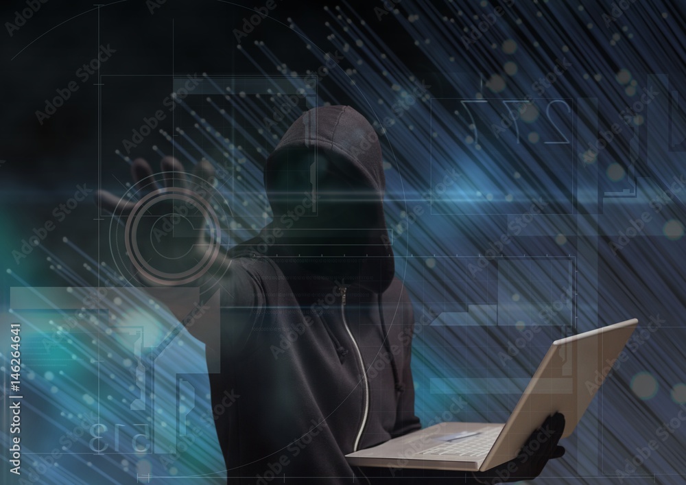 Poster black jumper hacker with out face sit with the computer