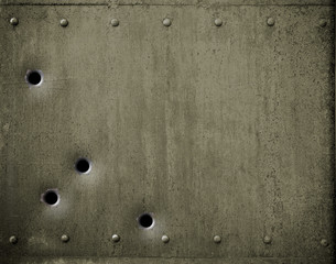 green metal plate with bullet holes 3d illustration