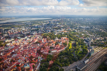 Aerial view from helicopter of heart of old town of Tallinn, Estonia. Summer time