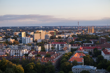 TALLINN, ESTONIA - 22 JUL 2016: Amazing aerial shot of modern business district at sunset