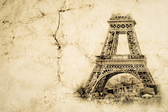 Fototapeta Eiffel Tower in Paris. Vintage view background. Tour Eiffel old retro style photo with cracks crumpled paper.