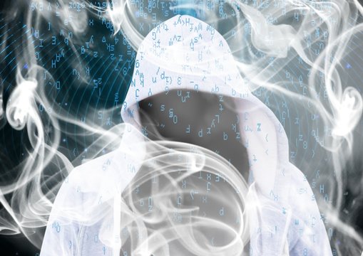 Foreground of grey jumper hacker with out face