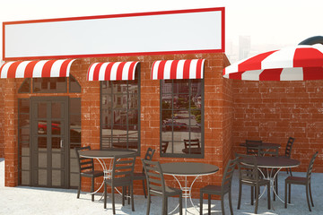 Red brick cafe with empty poster