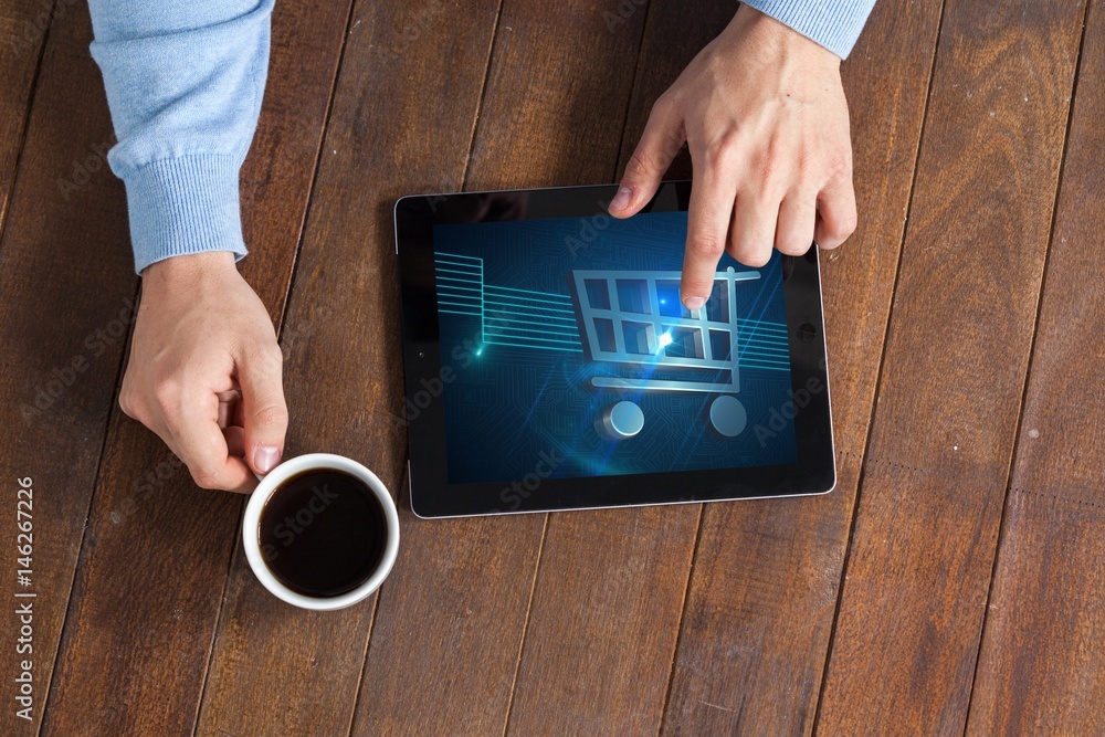 Sticker top view of man working tablet with shopping cart on screen