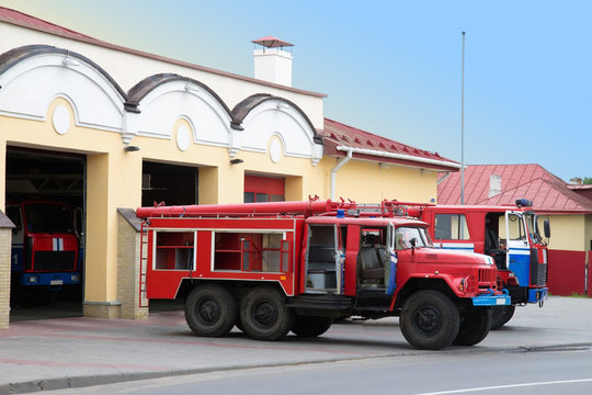 Old Fire Engine Near Fire Station