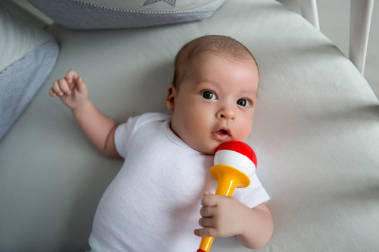 Newborn Boy Lies In A Round Bed On His Back With A Rattle