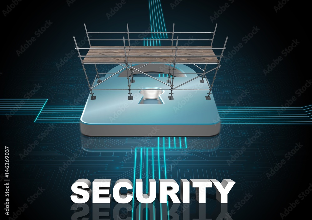 Poster security text with 3d scaffolding and lock