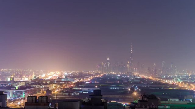 night light dubai downtown rooftop cityscape panorama 4k time lapse uae
