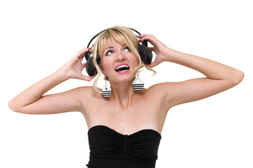 attractive woman dancer with headphones, isolated on white
