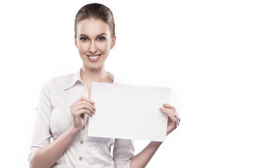 Fototapeta premium office girl in white blouse holds papers in hands and smiles isolated on white