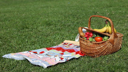 Picnic basket with healthy food and blanket on green grass in park, nature. Lunch break outdoors , Time for relax, Leisure Lifestyle Concept