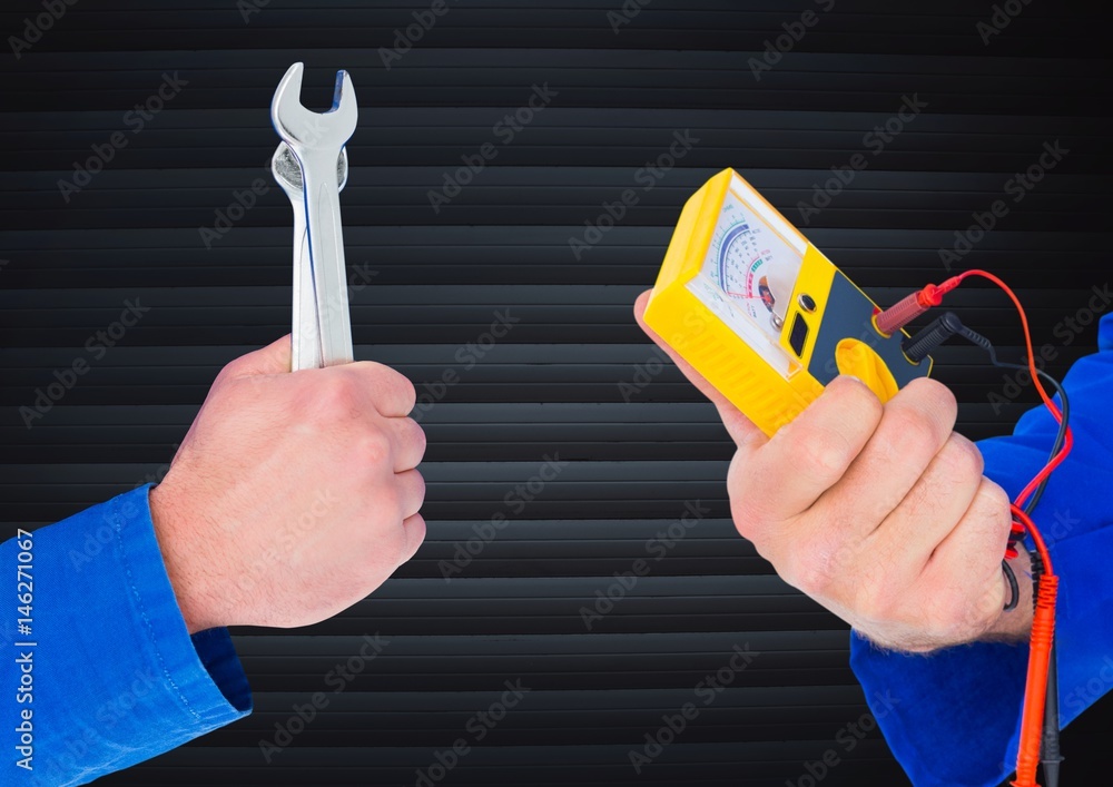 Poster hands with tools in front of blind