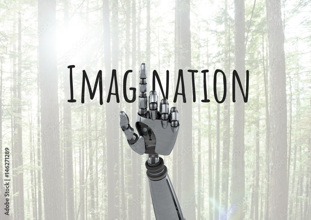 Poster android hand pointing and imagination text with forest
